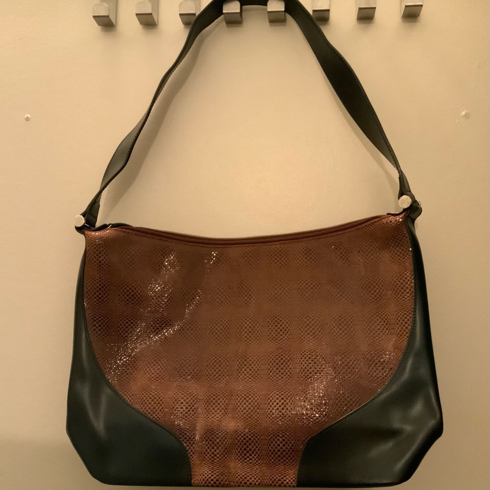 Sabina New York Brown Pattern Genuine Leather Wide Strap Shoulder Bag